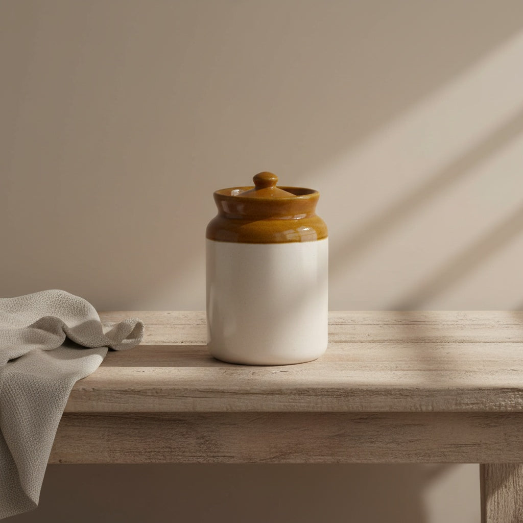 Ceramic jar with a brown lid on a wooden surface with a neutral background