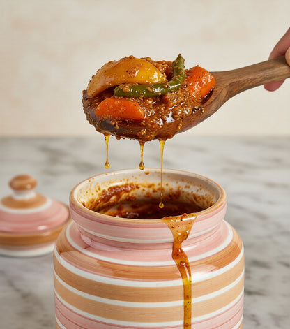 Wooden spoon with curry over a striped jar on a marble surface