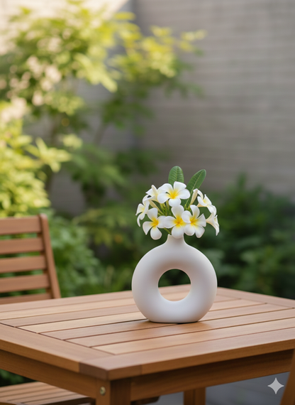 White ceramic vase with flowers on a wooden table outdoors