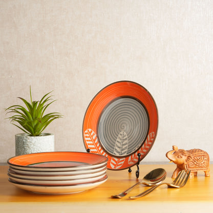 Caffeine Ceramic Handmade Stoneware Orange Leaf Printed Dinner Plate10 inch Set of 6  (Microwave & Dishwasher Safe) - Caffeine Premium Stoneware