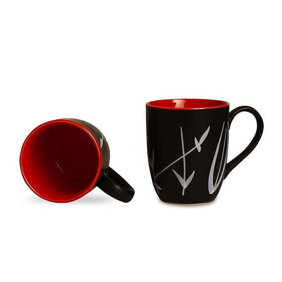 Caffeine Ceramic Stoneware Handmade Black & Red Leaf Coffee Mug (Set of 4) - Caffeine Premium Stoneware