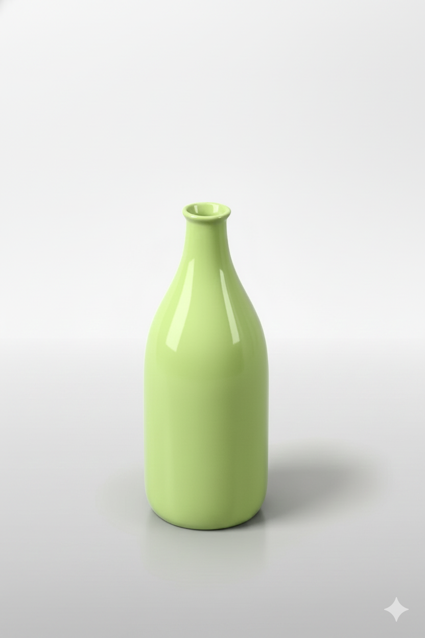 Green bottle-shaped vase on a white background