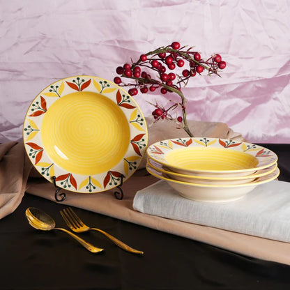 Caffeine Ceramic Handmade Stoneware Yellow Leaf Print 9'' Soup Plates set of 6