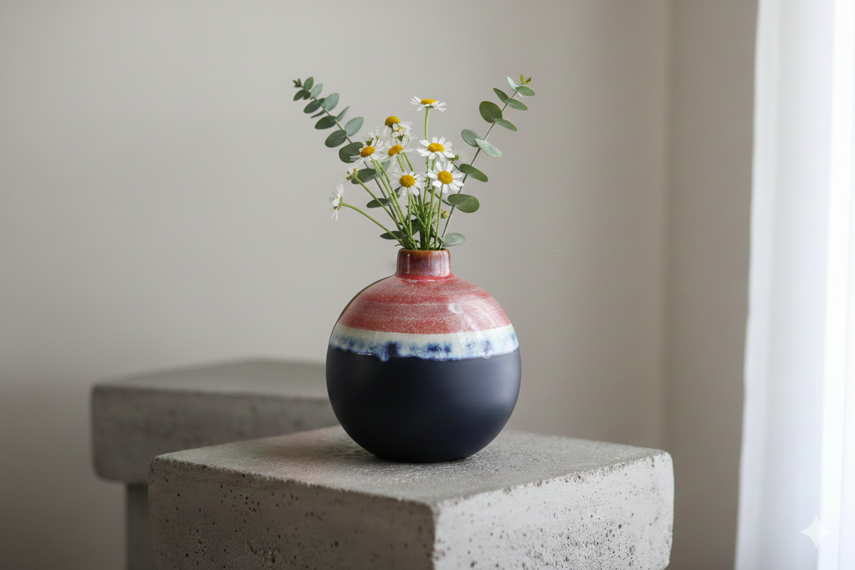 Decorative vase with a floral arrangement on a concrete surface