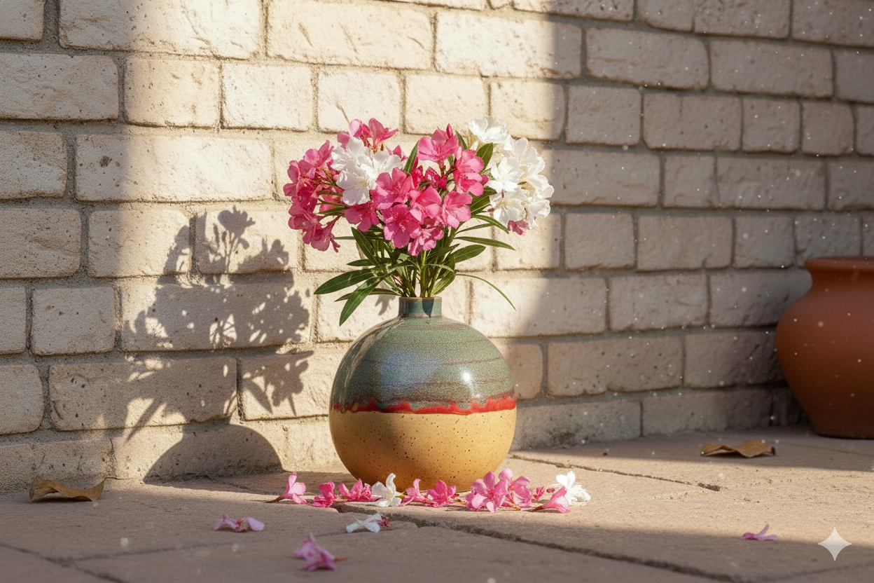 Vase with pink flowers against a brick wall