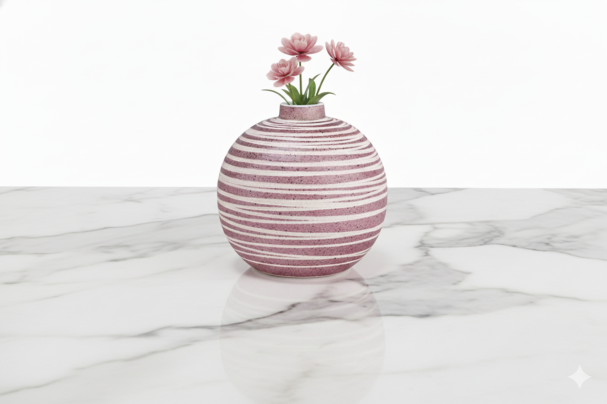 Striped vase with flowers on a marble surface