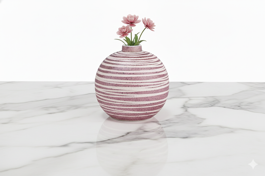 Striped vase with flowers on a marble surface
