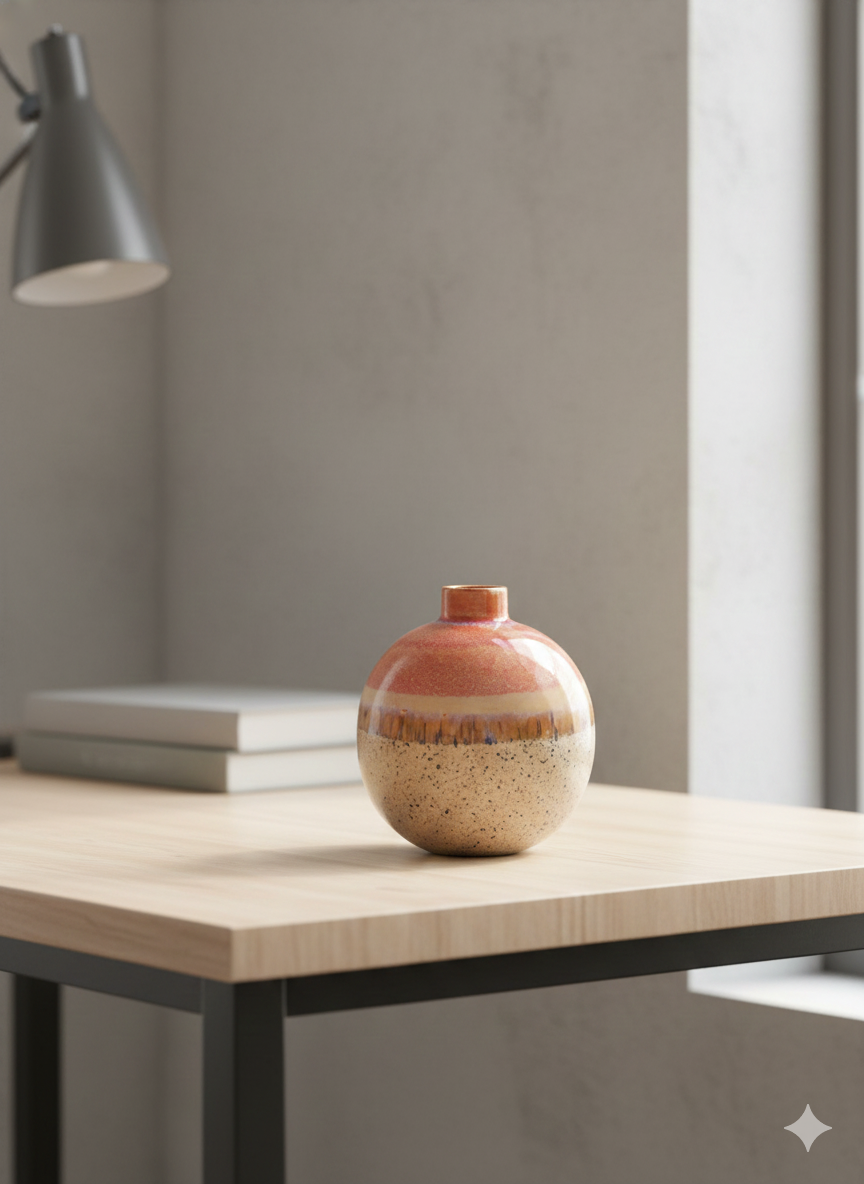 Decorative vase on a wooden table with a lamp and books in the background