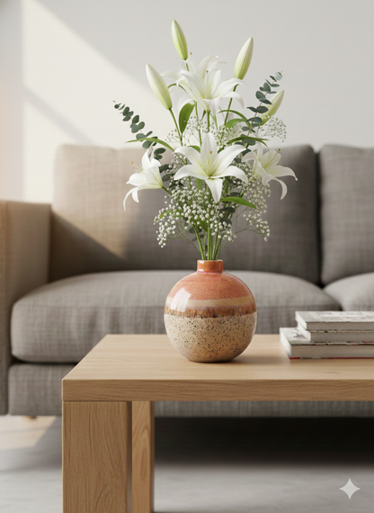 Floral arrangement in a vase on a wooden coffee table with a gray sofa in the background