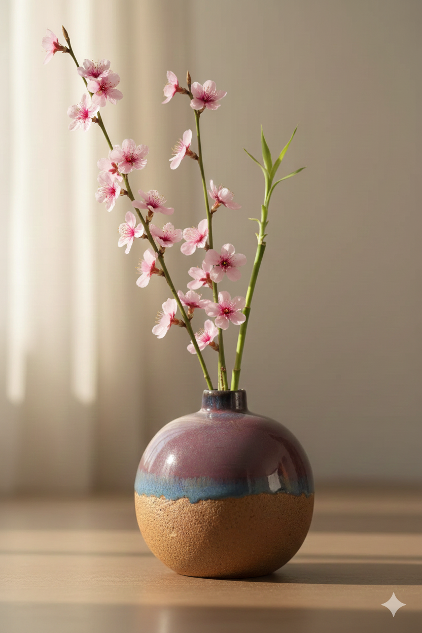 Ceramic vase with pink flowers on a wooden surface