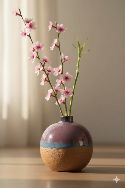 Ceramic vase with pink flowers on a wooden surface
