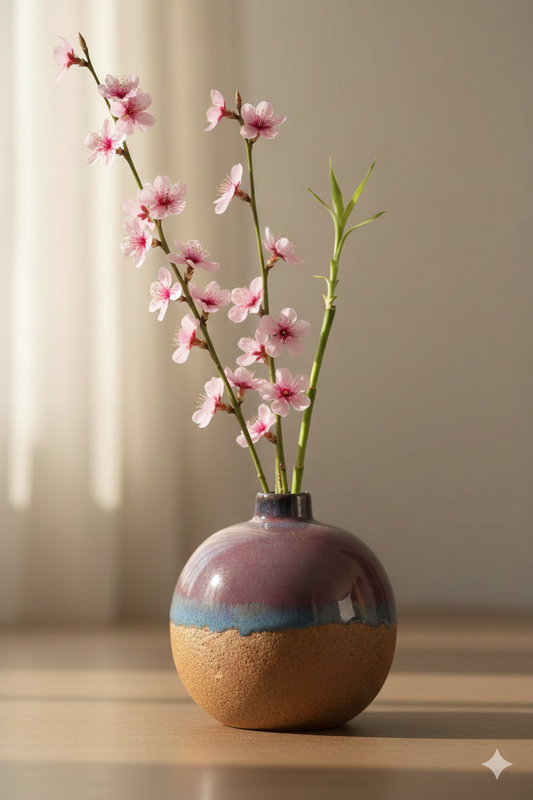 Ceramic vase with pink flowers on a wooden surface