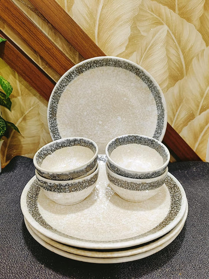 Caffeine Ceramic Stoneware Handmade White Matte & Black Patta Combo Dinner (Set of 8) - Caffeine Premium Stoneware