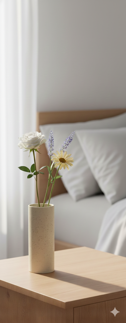 Vase with flowers on a nightstand next to a bed with white pillows.
