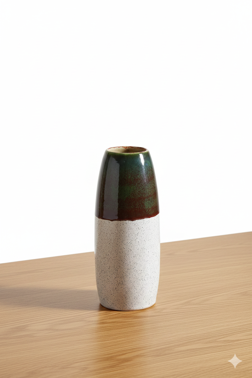 Two-toned ceramic vase on a wooden surface with a white background