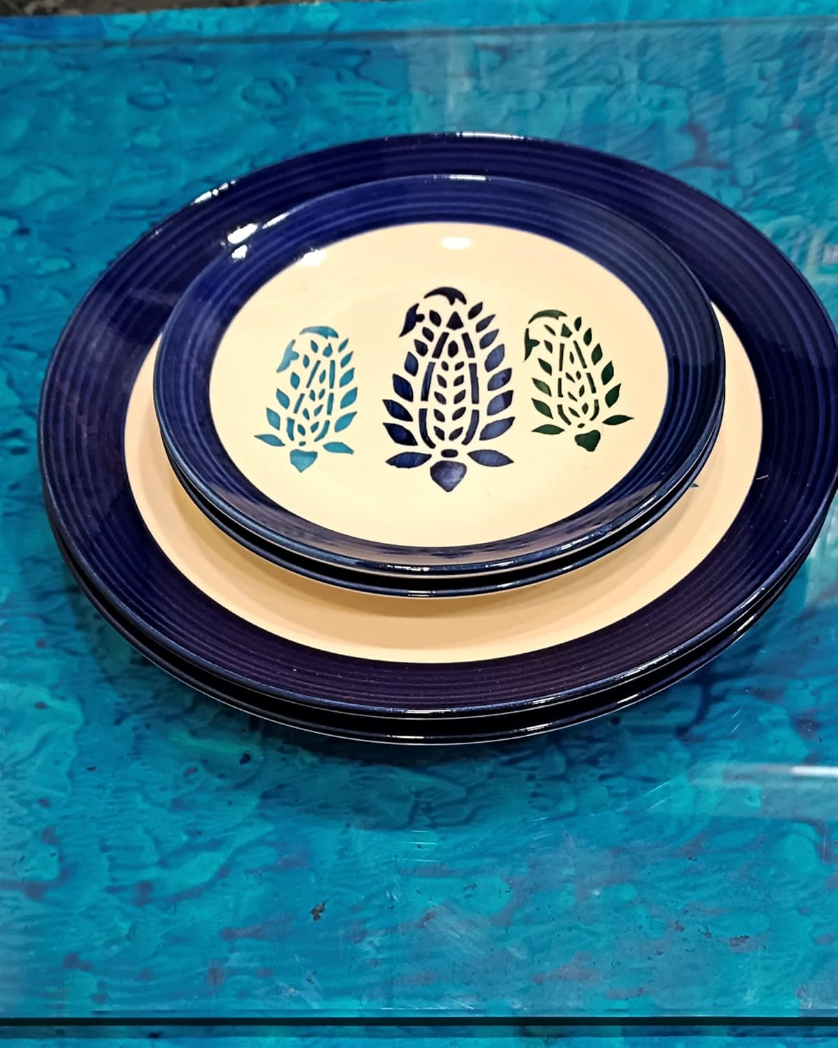 Caffeine Ceramic Handmade Blue Boota Combo Dinner set (8 pcs.)