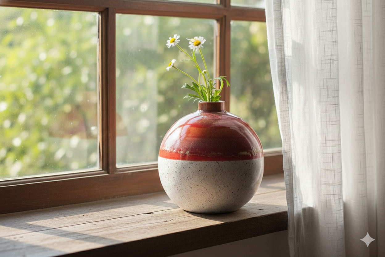Decorative vase with flowers on a windowsill