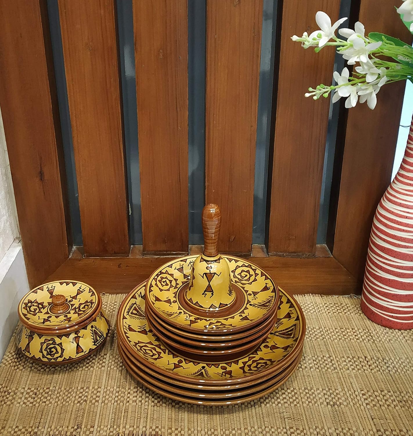 Caffeine Ceramic Handmade Mustard Romani Combo Dinner Set (10 pcs.)