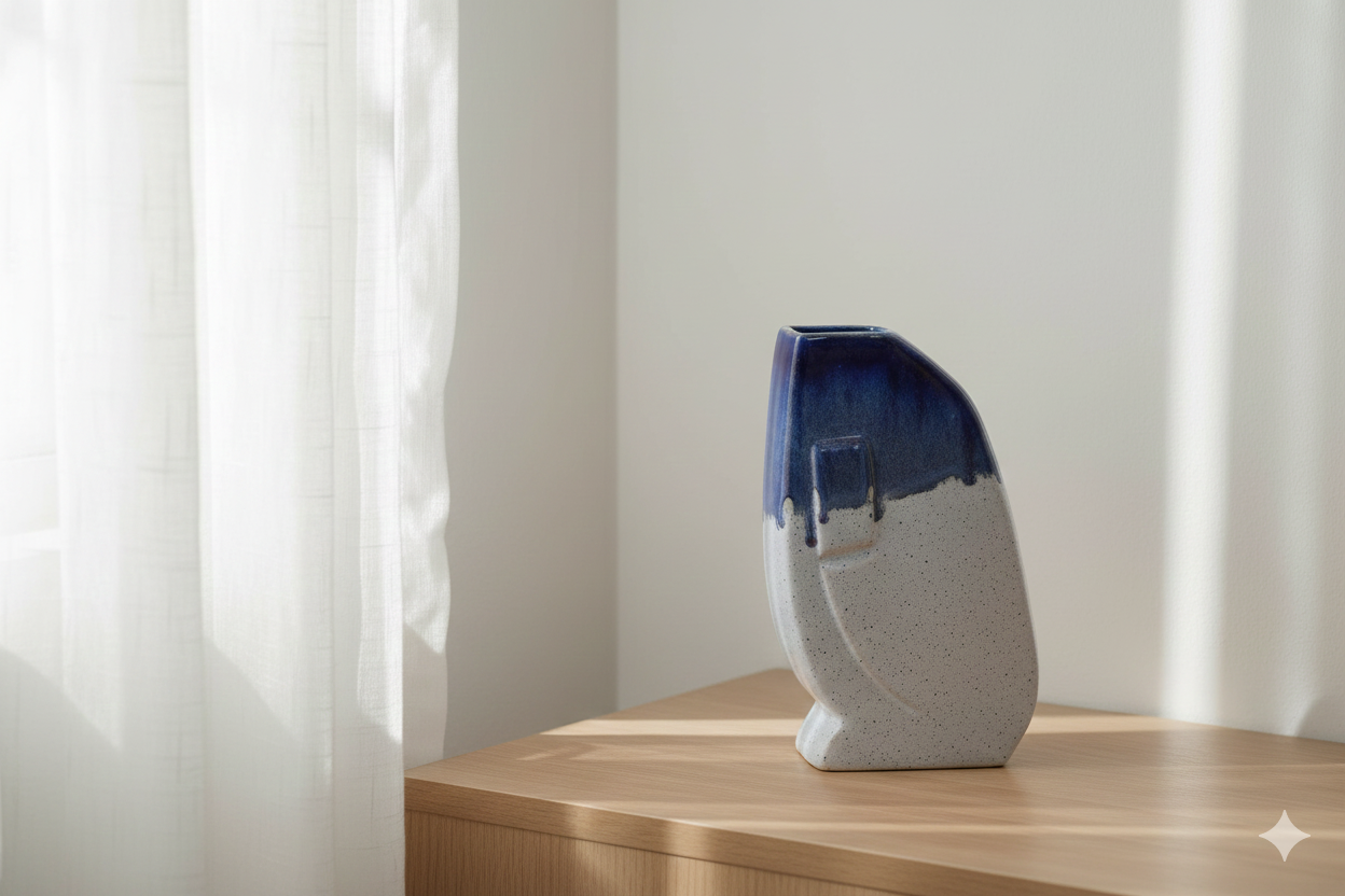 Vase with blue and white design on a wooden surface with white curtains in the background
