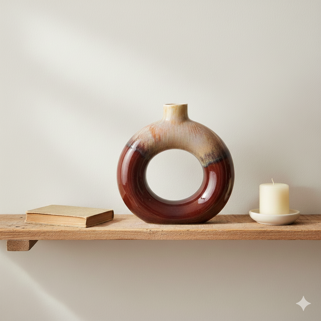 Decorative vase on a wooden shelf with a candle and book against a plain background