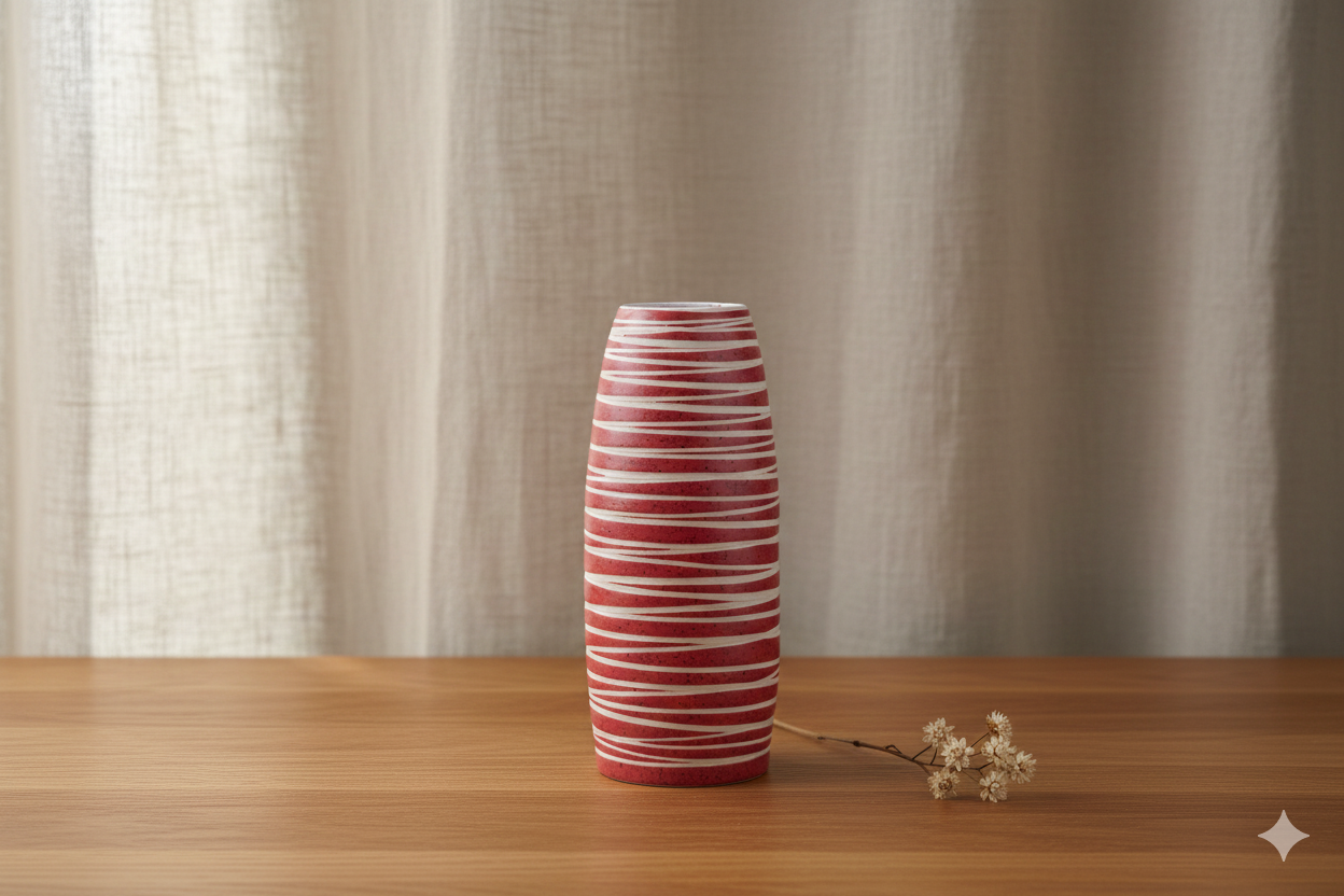 Red and white striped vase on a wooden table with a neutral curtain background