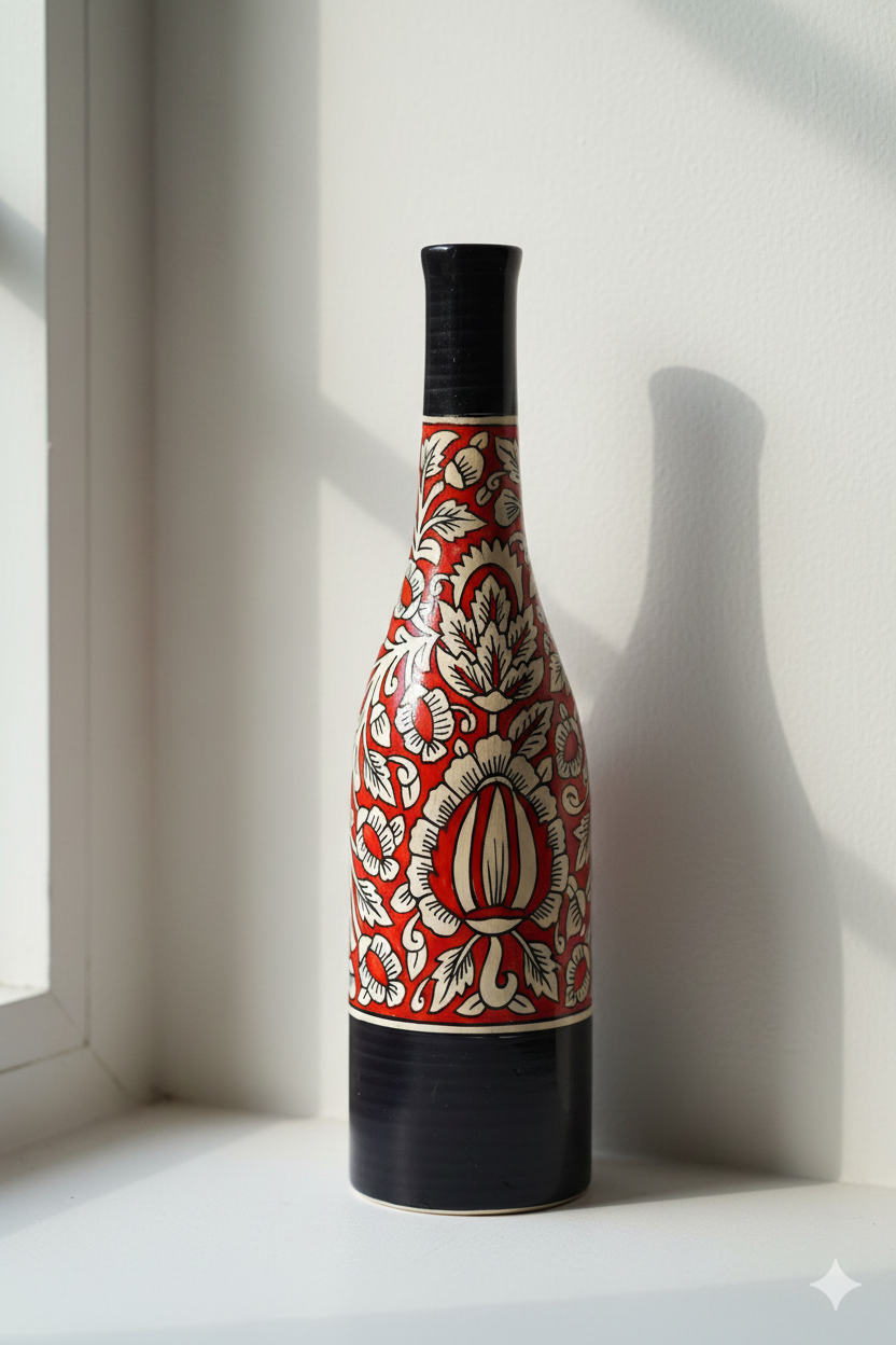 Decorative bottle with red and black pattern on a white surface