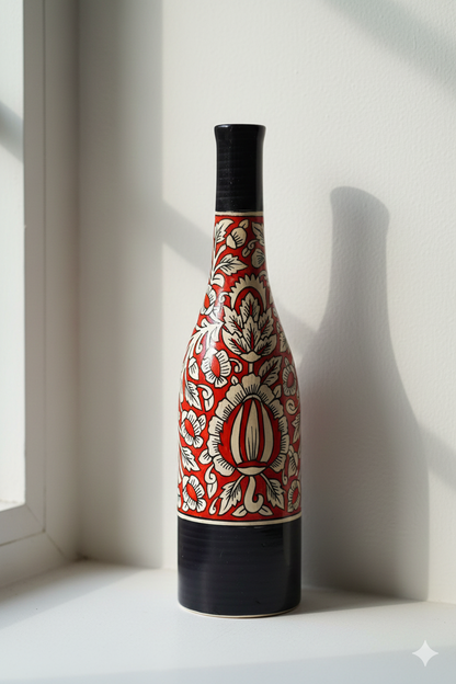 Decorative bottle with red and black pattern on a white surface