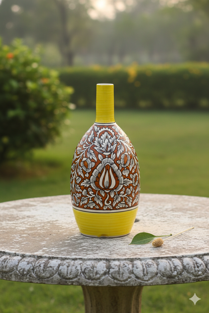 Decorative ceramic vase with yellow top and brown patterns on a stone surface outdoors.