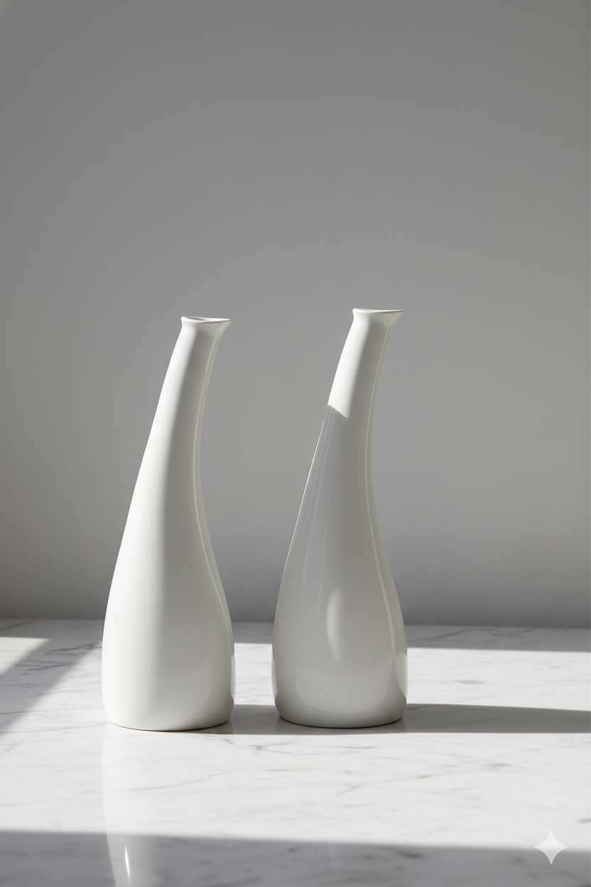 Two white ceramic vases on a marble surface with a gray background