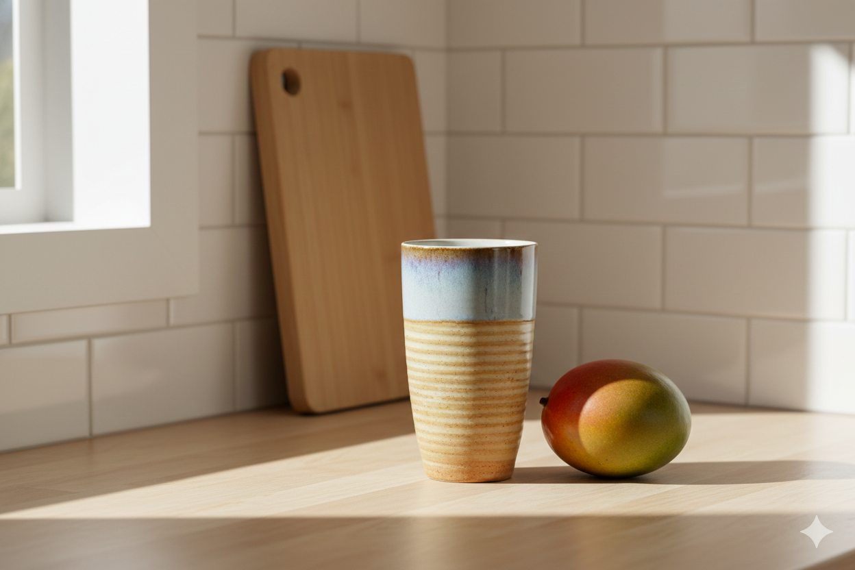Ceramic mug with striped design on a wooden surface next to a mango and cutting board.