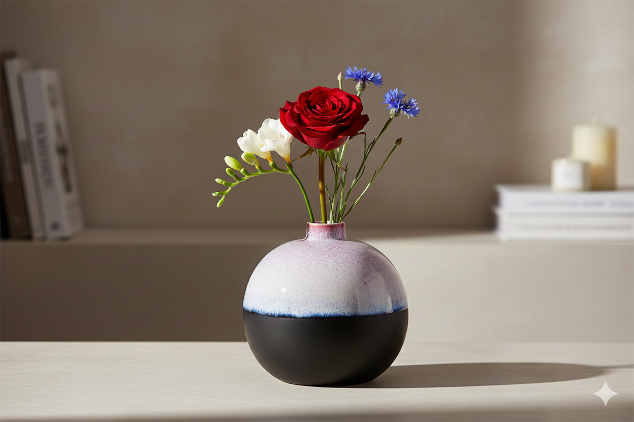 Vase with flowers on a shelf against a neutral background