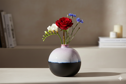 Vase with flowers on a shelf against a neutral background