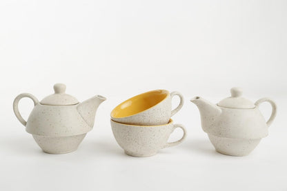 Caffeine Ceramic Handmade White Matte & Mustard 2 in1 Tea Pot (Set of 2, Kettle with Cup)