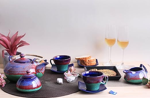 Caffeine Ceramic Handmade Blue & Green Studio Tea Set (Set of 15 pcs Microwave & Dishwasher Safe) - Caffeine Premium Stoneware