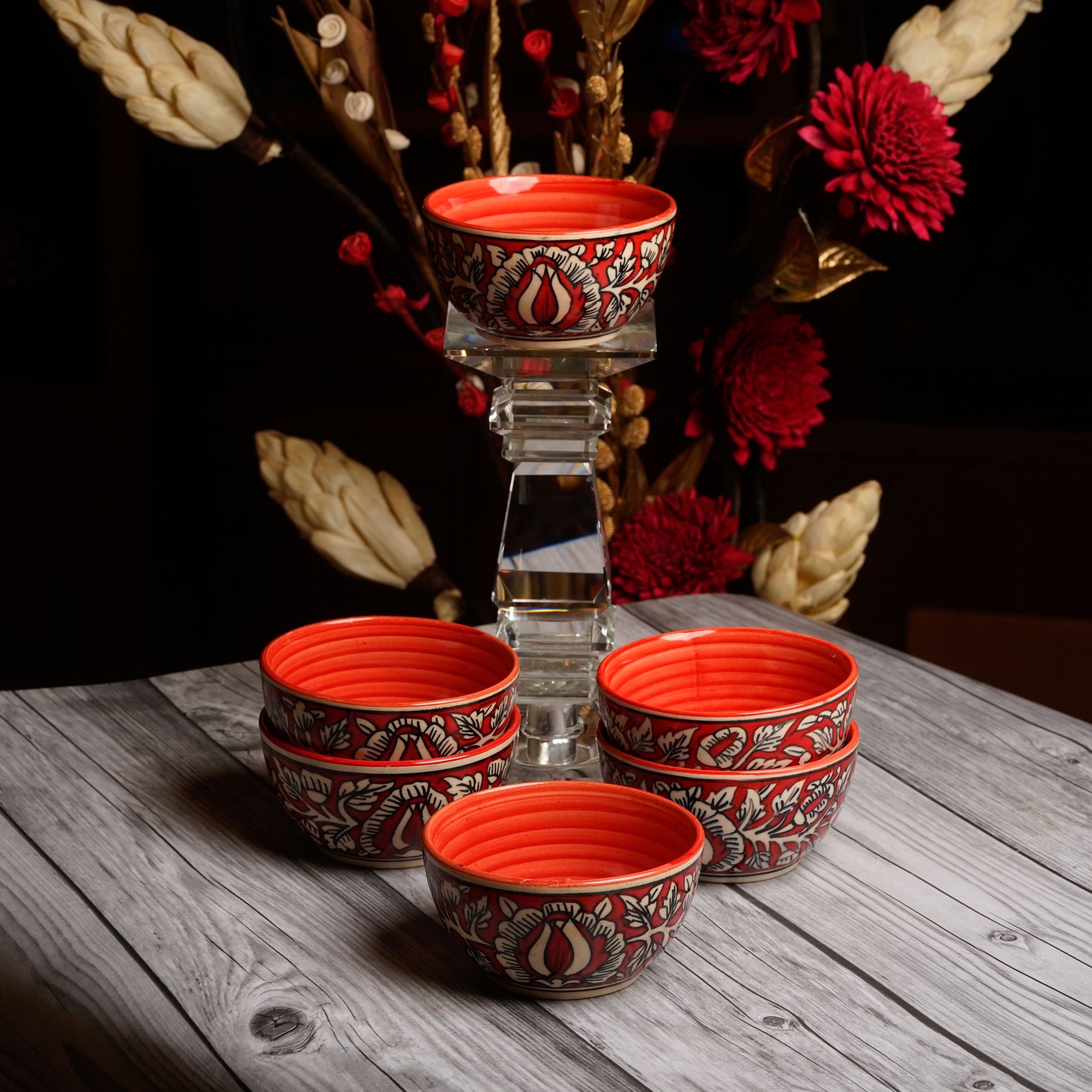 Caffeine Ceramic Handmade Red Boota Katori Bowl- Set of 6 - Caffeine Premium Stoneware