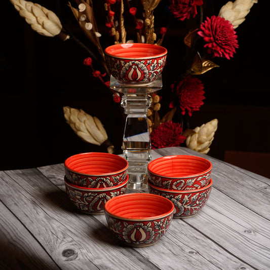 Caffeine Ceramic Handmade Red Boota Katori Bowl- Set of 6 - Caffeine Premium Stoneware