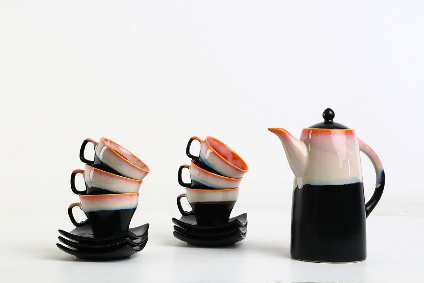 Caffeine Ceramic Handmade Stoneware Pink and Black Studio Tea Set of 15 - Caffeine Premium Stoneware
