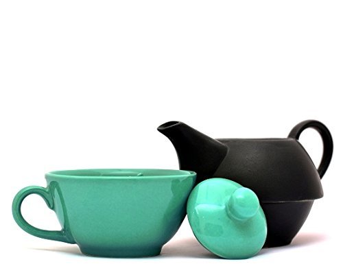 Caffeine Ceramic Handmade Sea Green & Black 2 in 1 Tea Pot set of 1 ( Microwave & Dishwasher Safe)