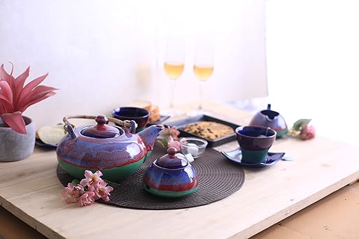 Caffeine Ceramic Handmade Blue & Green Studio Tea Set (Set of 15 pcs Microwave & Dishwasher Safe) - Caffeine Premium Stoneware