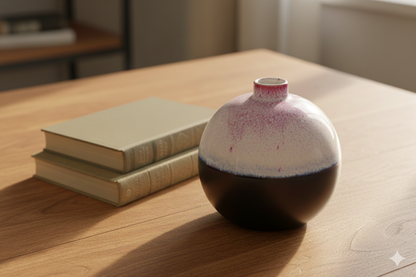 Small ceramic vase with speckled design on a wooden surface next to two books