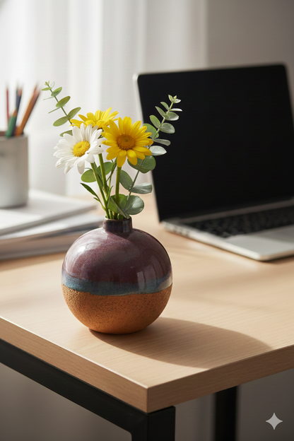 Vase with flowers on a desk next to a laptop