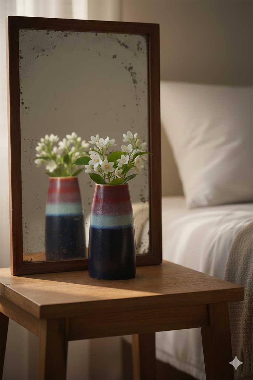 Two vases with white flowers in front of a mirror on a wooden table.