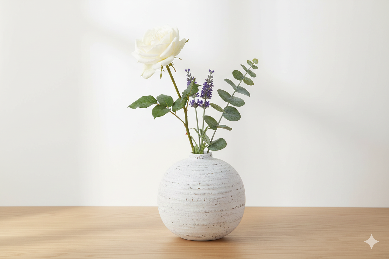 White ceramic vase with flowers on a wooden surface against a white background