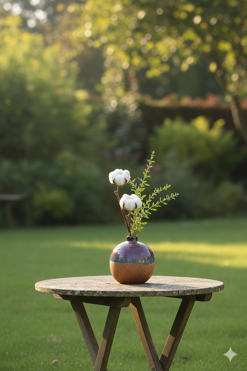 Vase with flowers on a wooden table in a garden setting