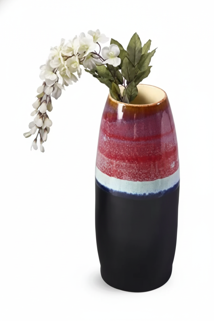 Multicolored vase with flowers on a white background
