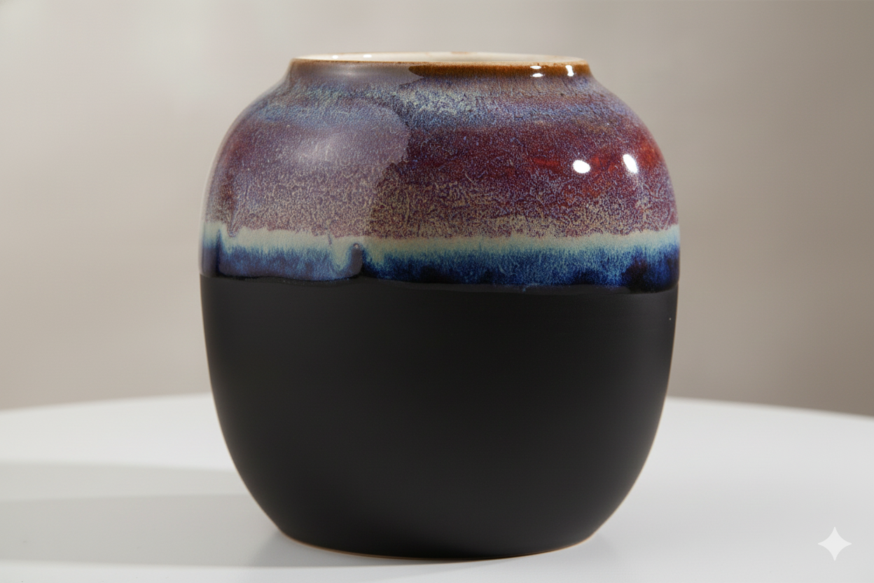 Ceramic vase with multicolored glaze on a white surface