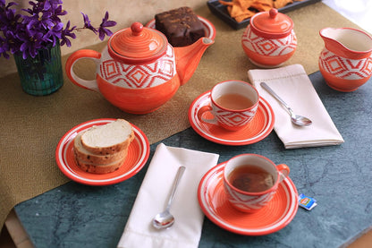 Caffeine Ceramic Handmade Stoneware Orange Zig zag Tea Set (Set of 15 pcs) - Caffeine Premium Stoneware
