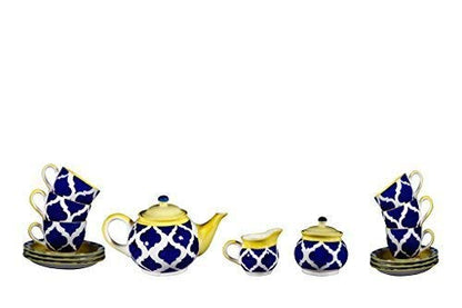 Caffeine Ceramic Handmade Blue umrao Printed Tea Sets (Set of 15 pcs) - Caffeine Premium Stoneware