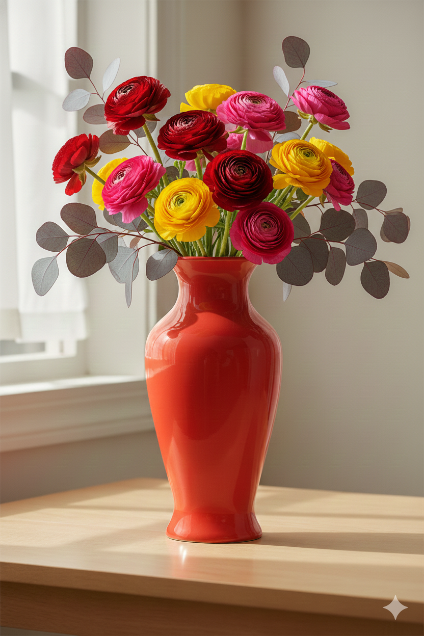 Red vase with colorful flowers on a wooden surface