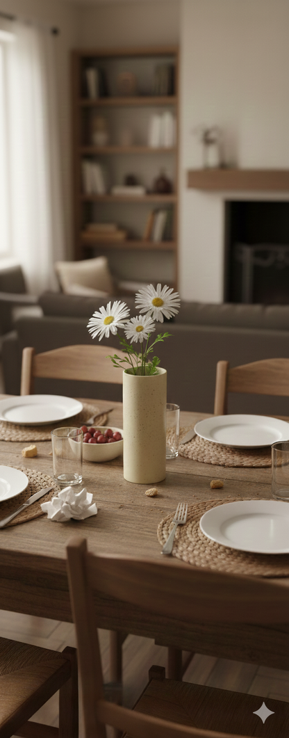 Dining table set with plates, glasses, and a vase with flowers in a cozy room.